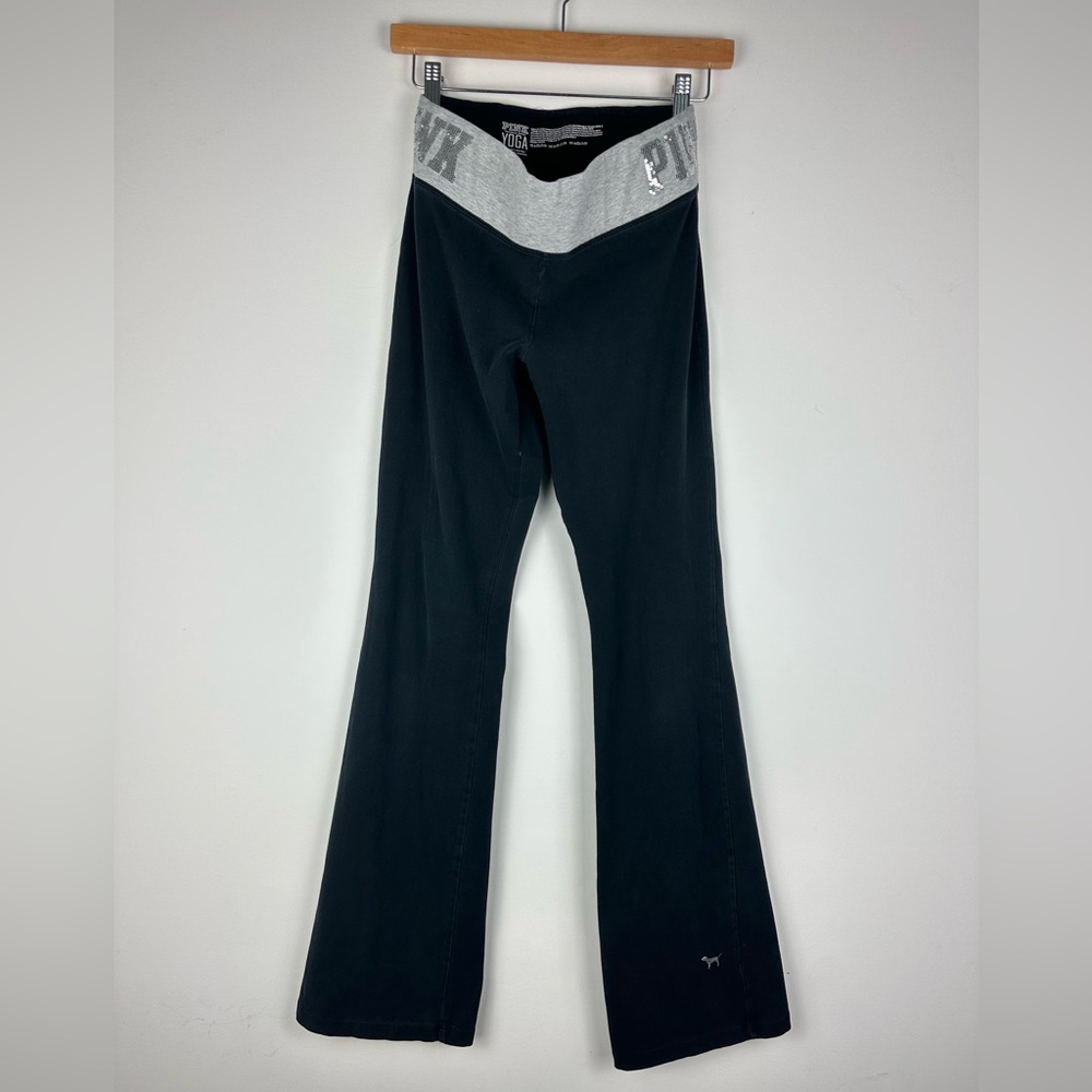 Vintage Y2K Victorias Secret PINK Pants M Black Logo Glitter Flare Yoga Pants